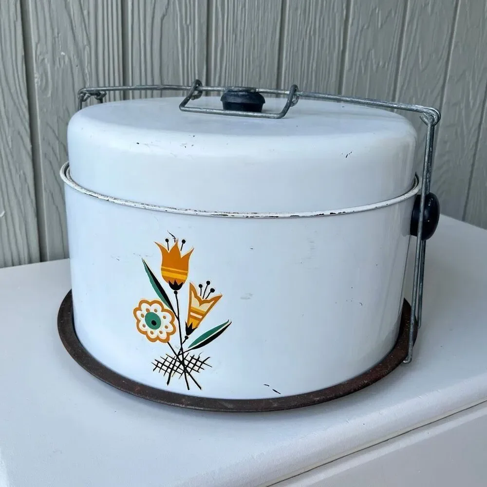 VTG 50s Enamel Cake Carrier Floral Mid Century Kitchen Decor Kitsch Mod